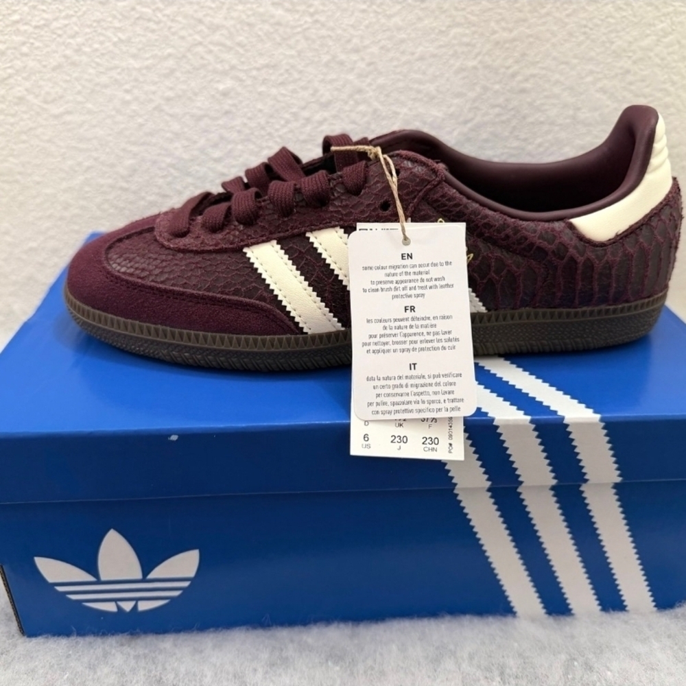 ¡SOLD! Adidas Samba OG Maroon Snakeskin & Suede Sneakers with Cream Stripes